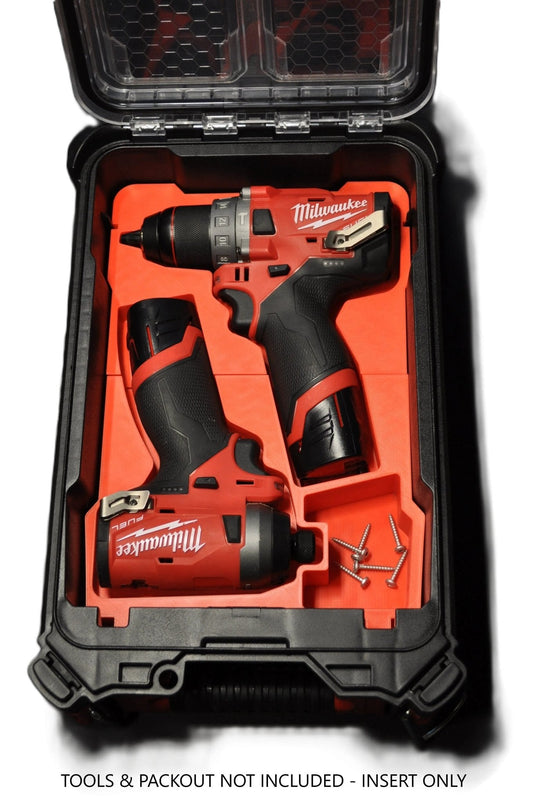 Milwaukee Packout Insert compatible with M12 Fuel Drill and Impact Driver Combo Gen 2 showing two tools securely housed in the insert with vibrant red compartments, optimizing organization for tradespeople and DIY enthusiasts.