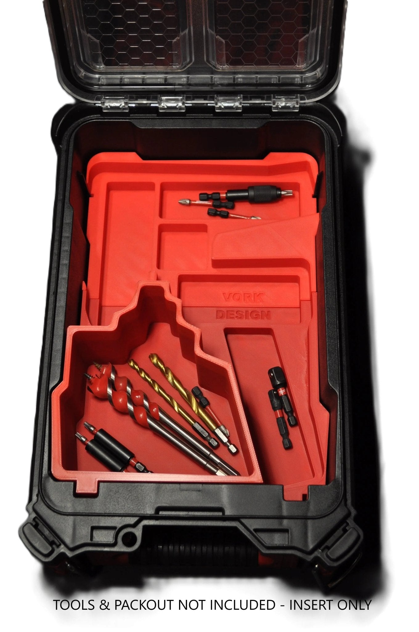 Milwaukee M12 Fuel Drill & Impact Driver Insert USA 3404-20 / 3453-20 - Insert Only shown in a toolbox with organized storage for various tools, highlighting its compatibility with tool storage solutions.