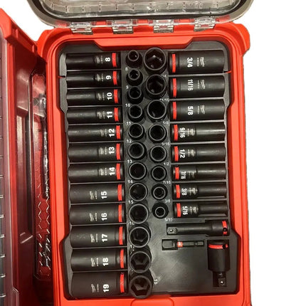 Milwaukee Packout socket organizer with compartments for various socket sizes and a sturdy case