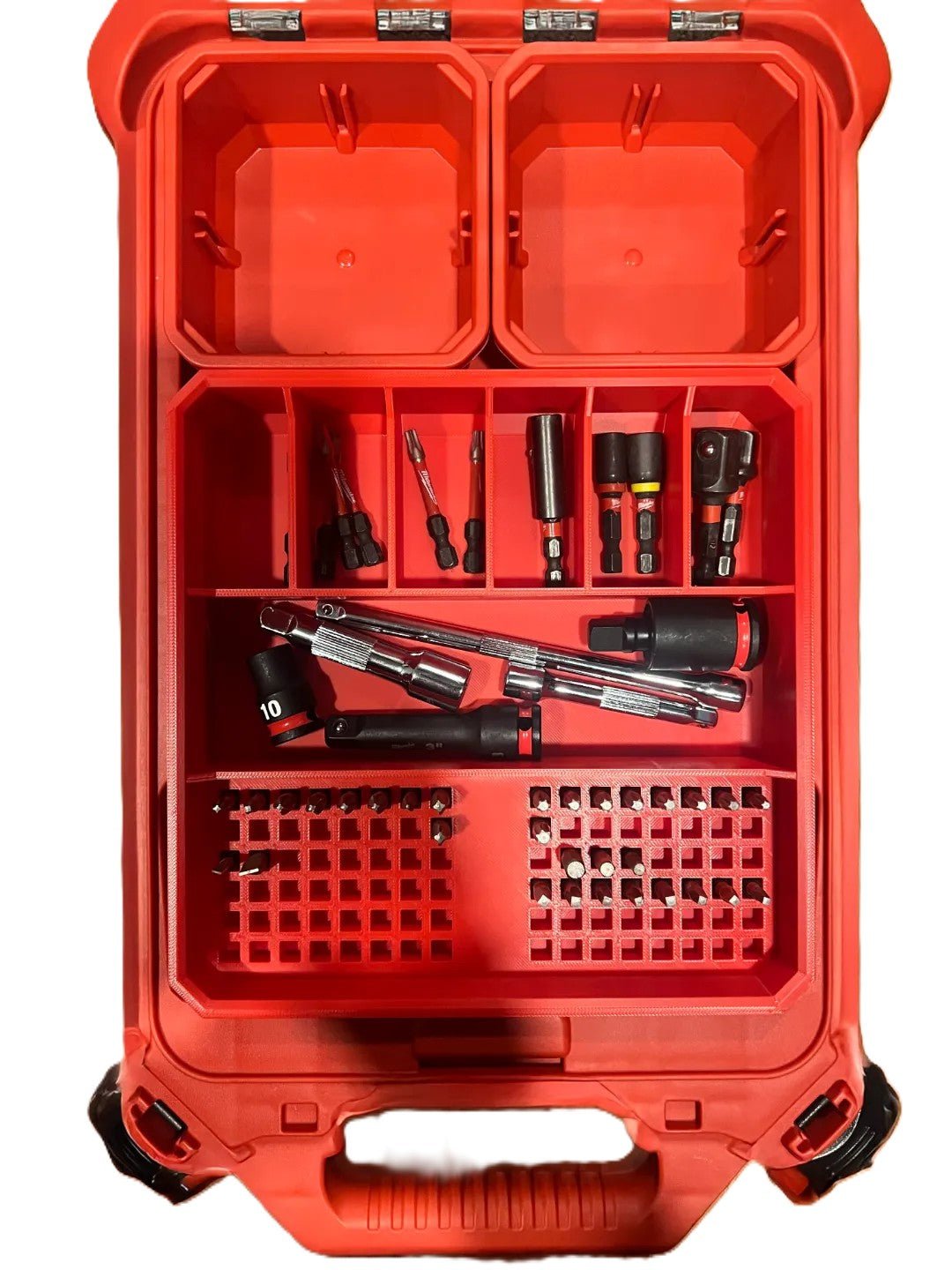 Packout Insert for Driver Bits & Drill Accessories Insert Only featuring a red organizer with tools neatly arranged, including driver bits, sockets, and a ratcheting handle, ideal for efficient storage.