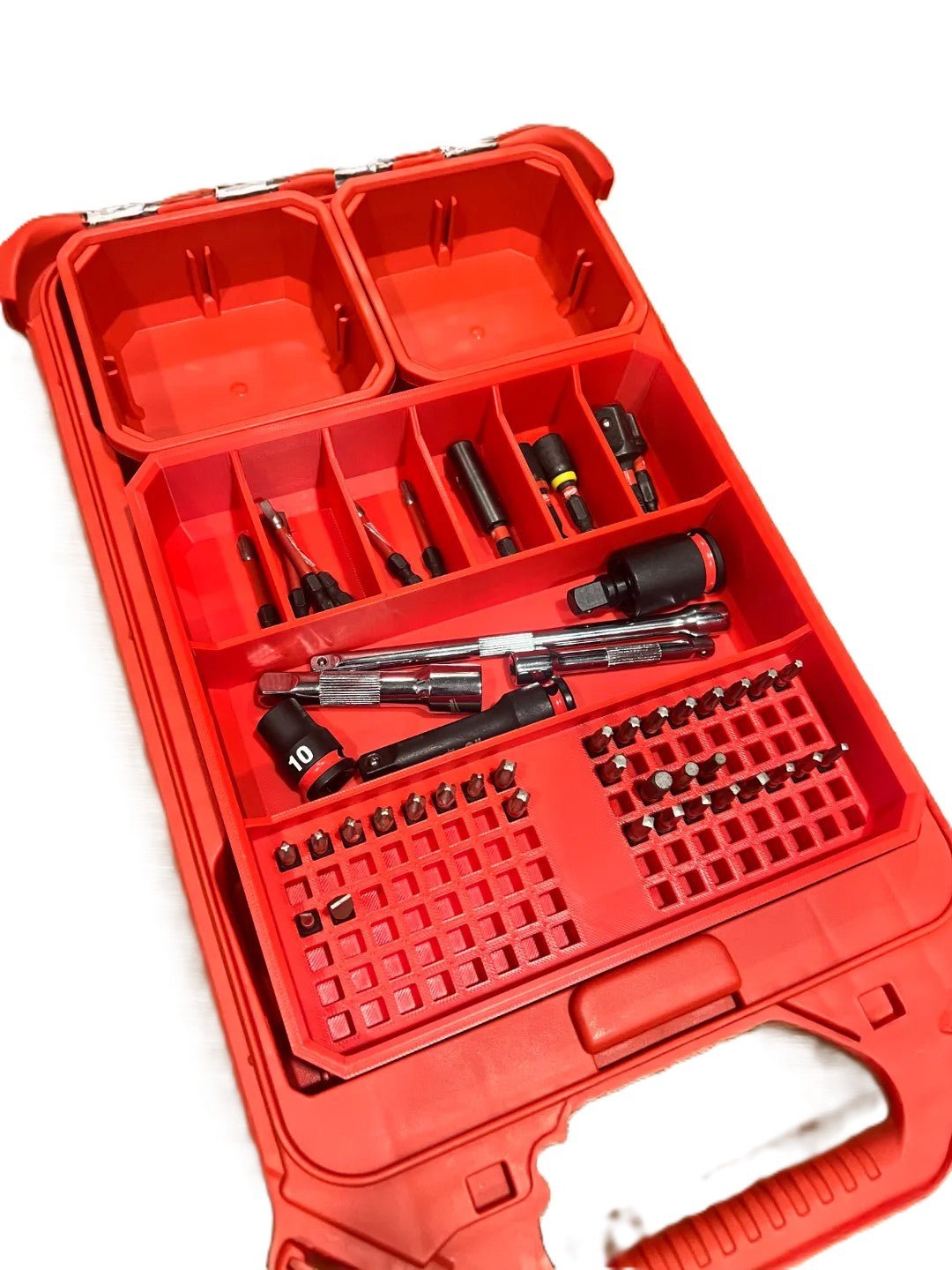 Packout Insert for Driver Bits & Drill Accessories Insert Only, showcasing a red organizer filled with various tools, driver bits, and sockets, emphasizing its durable design for professional workspaces.