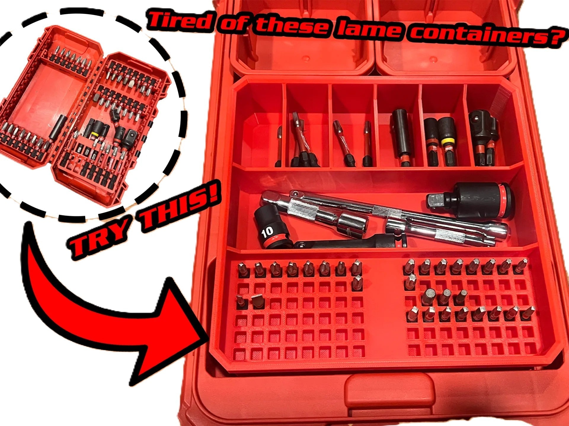 Packout Insert for Driver Bits & Drill Accessories Insert Only, demonstrating an organized layout of tools and accessories in a red container, highlighting its modern features and optimized storage.