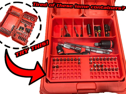 Packout Insert for Driver Bits & Drill Accessories Insert Only, demonstrating an organized layout of tools and accessories in a red container, highlighting its modern features and optimized storage.