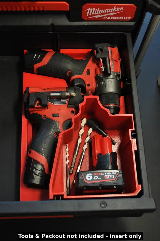 M12 FUEL Drill Impact Driver Combo Set GEN 3 Power Tools Insert organized in a Milwaukee Packout system, showcasing the tools securely fitted in designated compartments.
