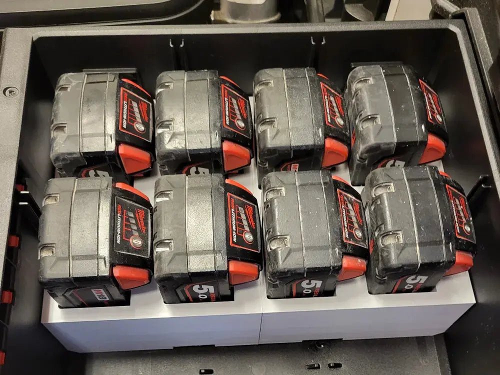 Packout Insert for M18 5.0Ah Battery – M18 batteries securely organized in a Packout storage solution, showcasing the efficient layout for easy access and reduced downtime.