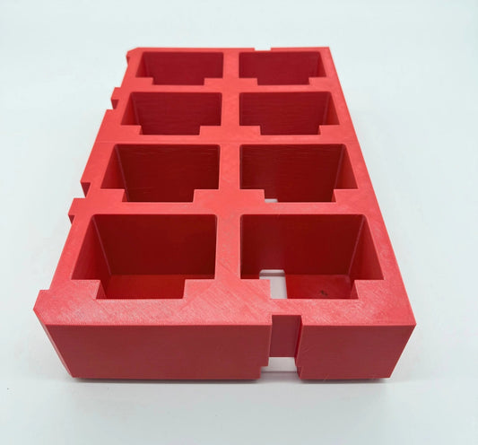 Packout Insert for M18 5.0Ah Battery – Red plastic storage insert designed to accommodate multiple batteries, providing a secure organization solution compatible with Milwaukee Packout.