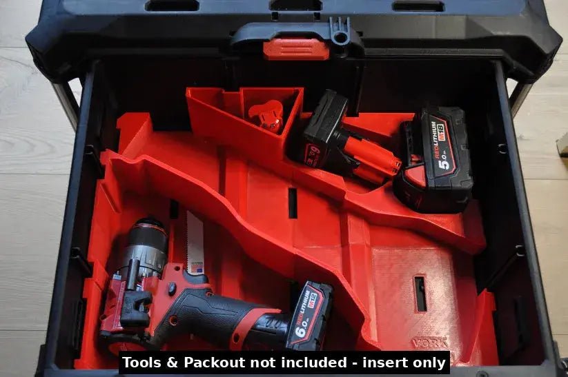 Milwaukee M18 Fuel Sawzall Insert compatible with Packout - USA 2821-20, displaying a well-structured insert with battery packs in a tool storage box. Tools and Packout not included.