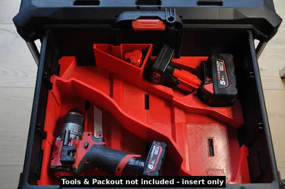 Milwaukee M18 Fuel Sawzall Insert compatible with Packout - USA 2821-20, displaying a well-structured insert with battery packs in a tool storage box. Tools and Packout not included.