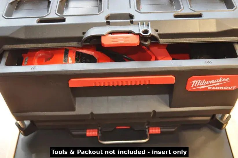 Milwaukee Packout toolbox shown with the M18 Fuel Sawzall Insert placed inside, illustrating tool organization. Title: Milwaukee M18 Fuel Sawzall Insert Compatible with Packout - USA 2821-20.