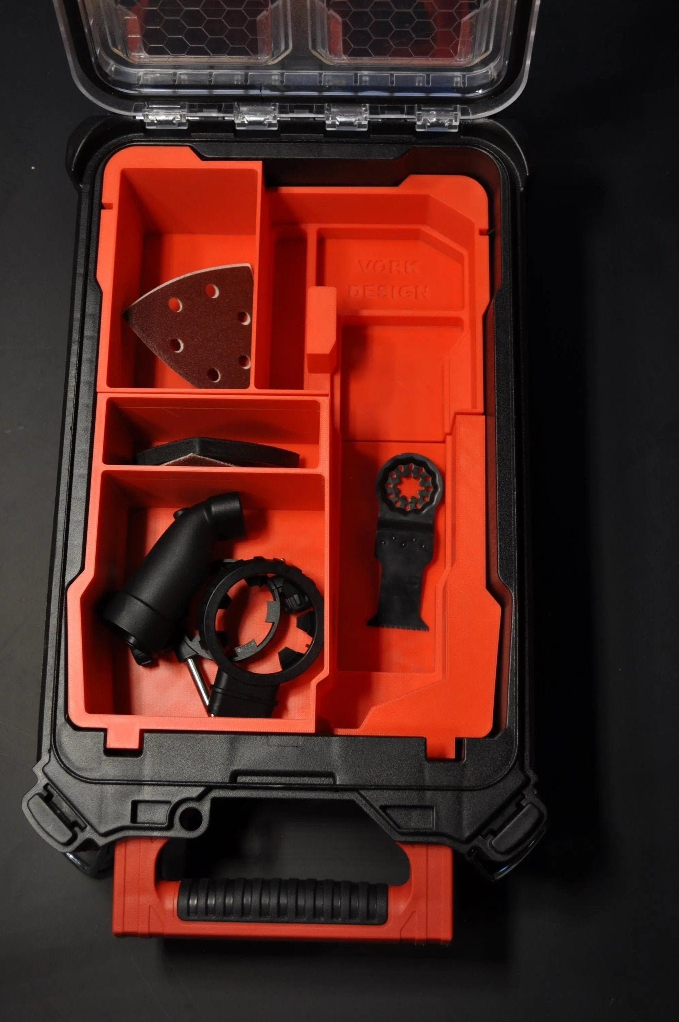 Top view of the Milwaukee Packout Insert for M12 Fuel Oscillating Multi-Tool 2526-20 – Insert Only, highlighting its organized layout and compatibility with the Packout system.