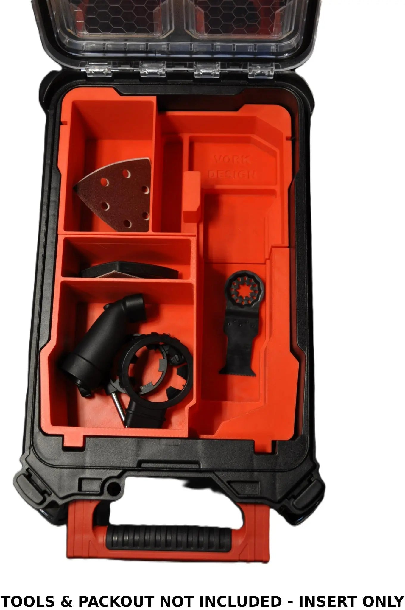 Milwaukee Packout Insert for M12 Fuel Oscillating Multi-Tool 2526-20 – Insert Only displayed inside a Packout box, showcasing its custom-fit design with various tool compartments.