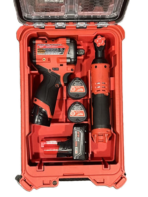 Packout Insert for M12 Gen 2 Impact Wrench & Ratchet showcasing Milwaukee tools organized in a durable storage case, including batteries and accessories.