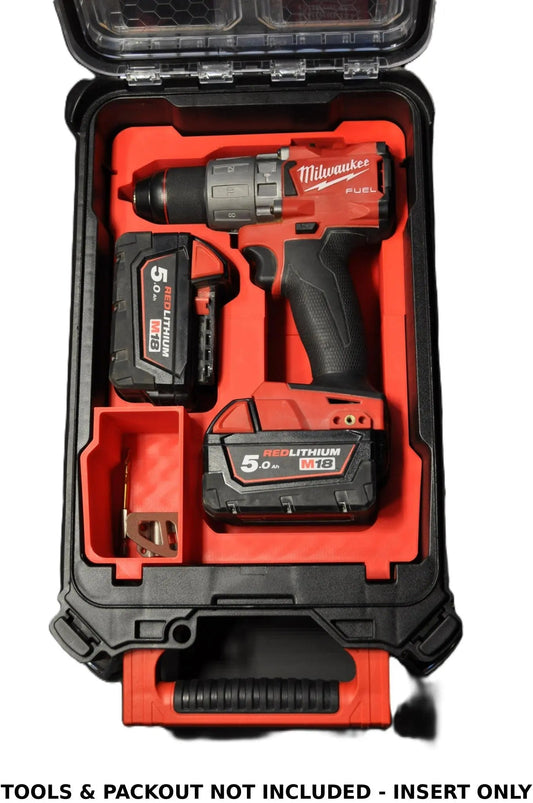 Milwaukee Packout Insert for M18 Fuel Drill - USA 2904-20 / AUS/UK M18FPD3 Gen 3 & 4, showcasing the insert with a Milwaukee Fuel Drill and accessories stored inside a Packout box.