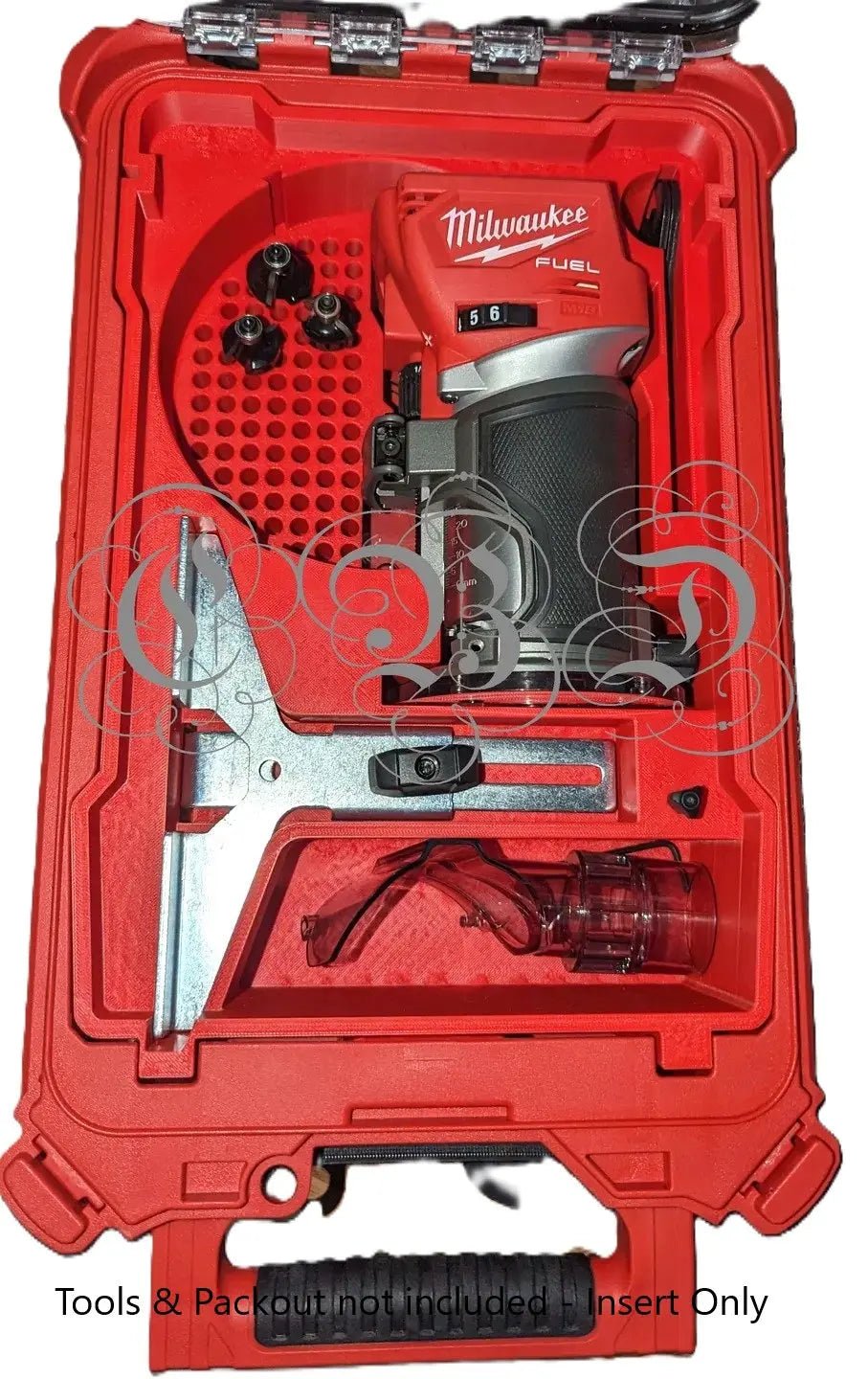 Packout Insert for M18 Router – Perfect Fit Organizer Solution displayed inside a Milwaukee Packout case with tools organized securely.