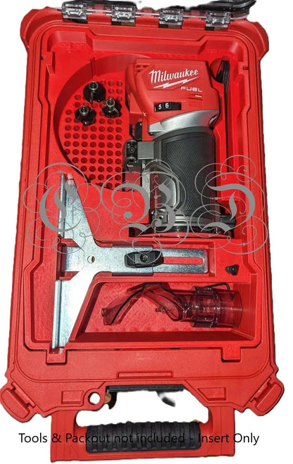 Packout Insert for M18 Router – Perfect Fit Organizer Solution displayed inside a Milwaukee Packout case with tools organized securely.