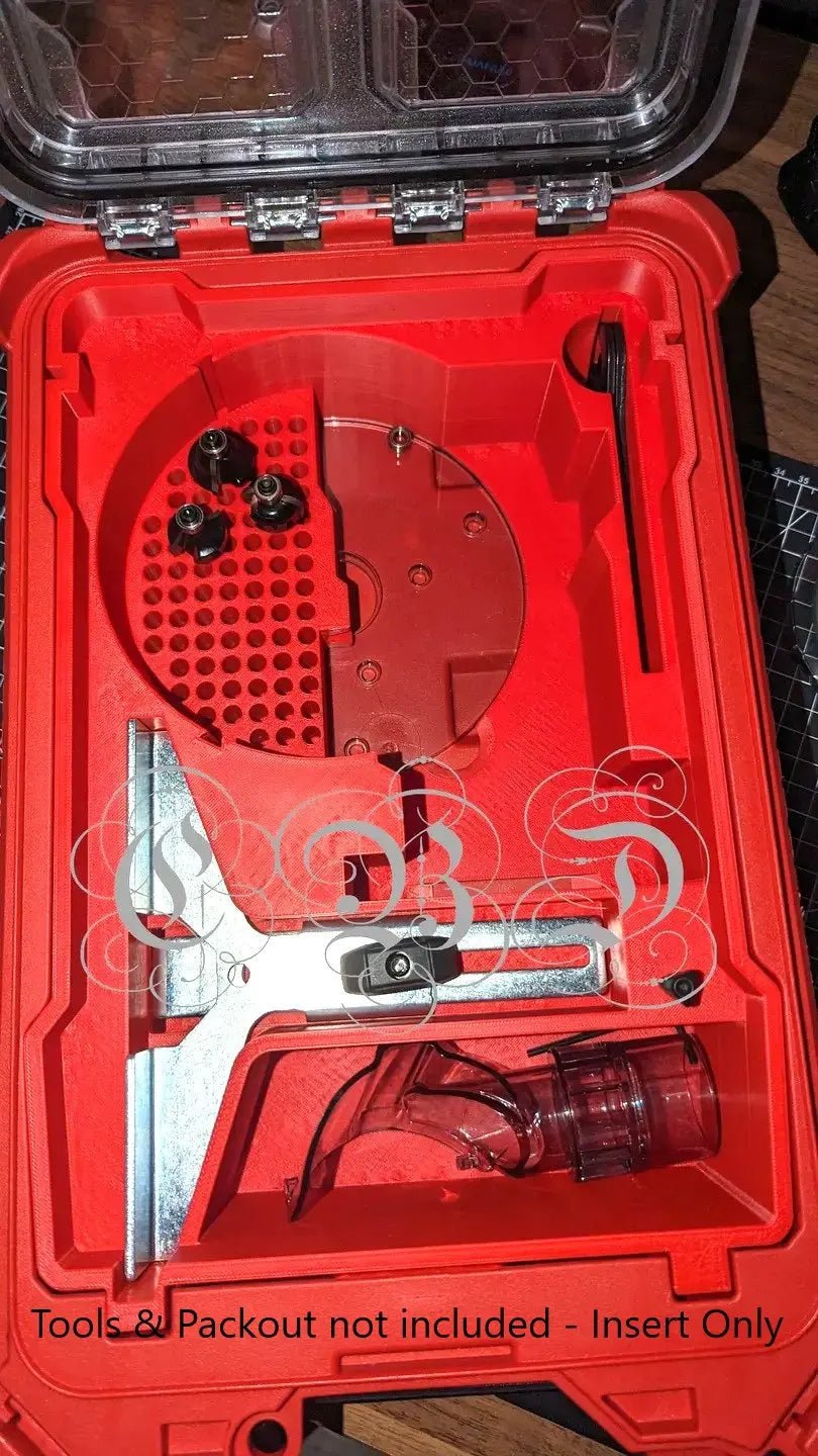 Packout Insert for M18 Router – Perfect Fit Organizer Solution, displayed inside a Packout Box, featuring organized storage for M18 Router accessories, emphasizing the efficient layout for tools and components.