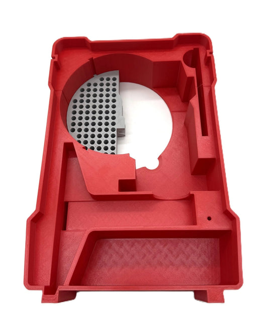 Packout Insert for M18 Router – Perfect Fit Organizer Solution, highlighting the durable red insert designed for Milwaukee Packout Box model #48228435, showcasing precise slots for secure tool storage.
