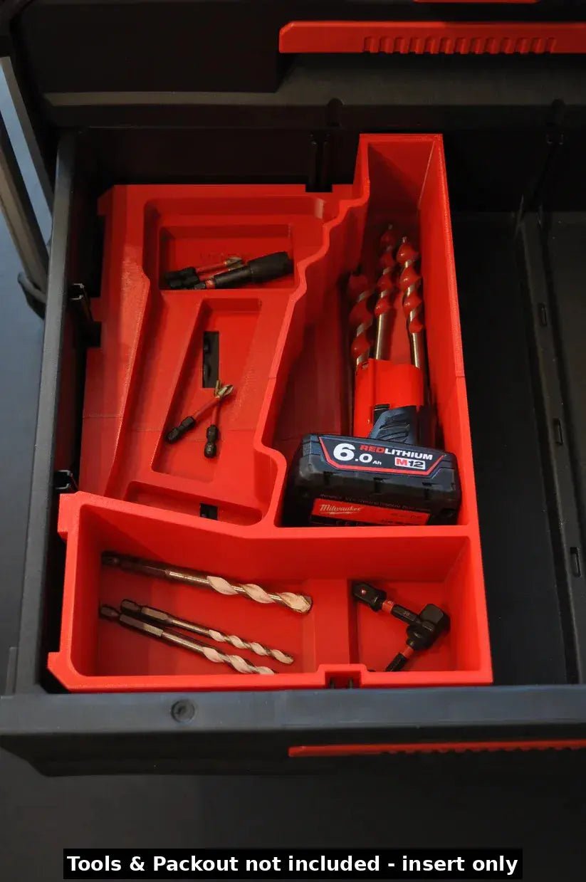 Milwaukee M12 Fuel Impact Driver Gen 3 Packout Insert—insert only shown in an organized tool drawer setup with a battery and drill bits, ideal for enhancing workspace efficiency and protection.