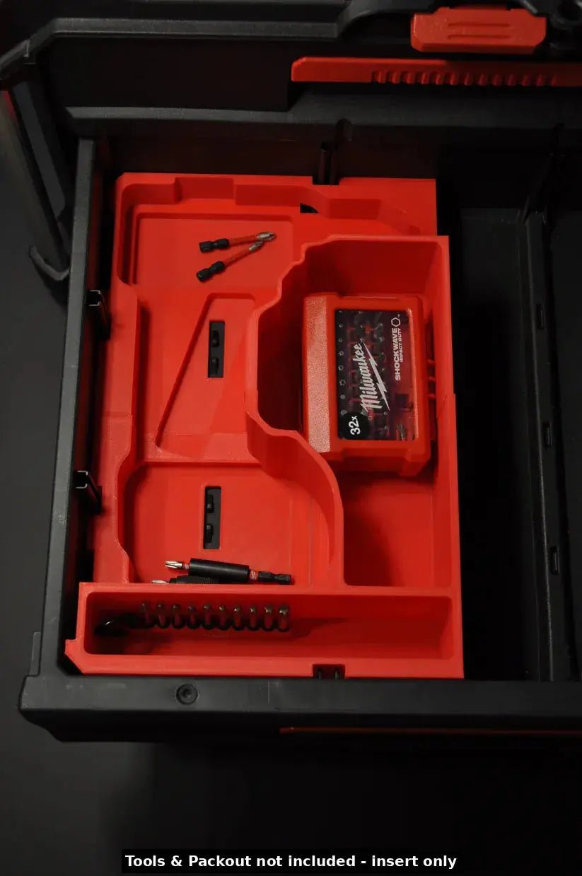 Inside view of the Milwaukee Packout Insert for M18 Fuel Hammer Drill Gen 4 displaying ample storage space for a battery and various drill bits, emphasizing tool organization in a Packout box.