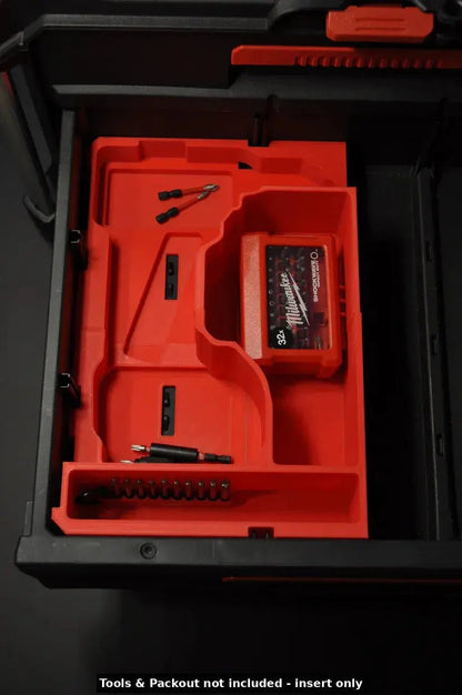 Inside view of the Milwaukee Packout Insert for M18 Fuel Hammer Drill Gen 4 displaying ample storage space for a battery and various drill bits, emphasizing tool organization in a Packout box.