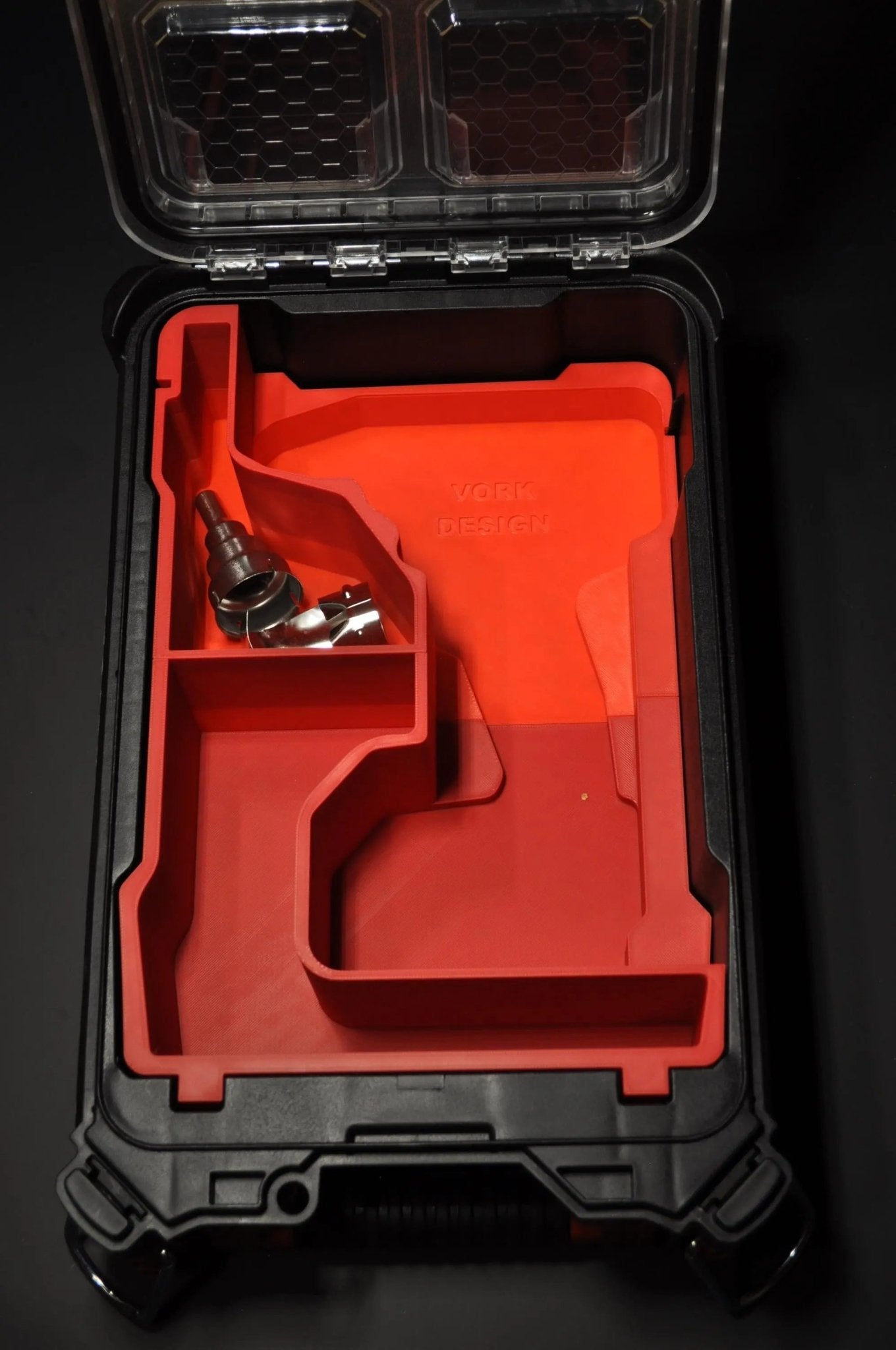 Milwaukee M18 Heat Gun Insert for Packout Box 2688-20 M18BHG – Insert Only showcasing the organization and snug fit for tools and accessories in a durable red PETG material.
