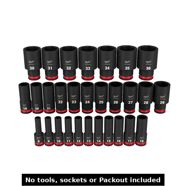 Display of metric deep sockets in various sizes, intended for use with the Packout Insert designed for Milwaukee Packout Toolbox, featuring 1/2" sockets from 8mm to 32mm.