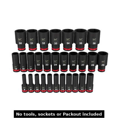Display of metric deep sockets in various sizes, intended for use with the Packout Insert designed for Milwaukee Packout Toolbox, featuring 1/2" sockets from 8mm to 32mm.