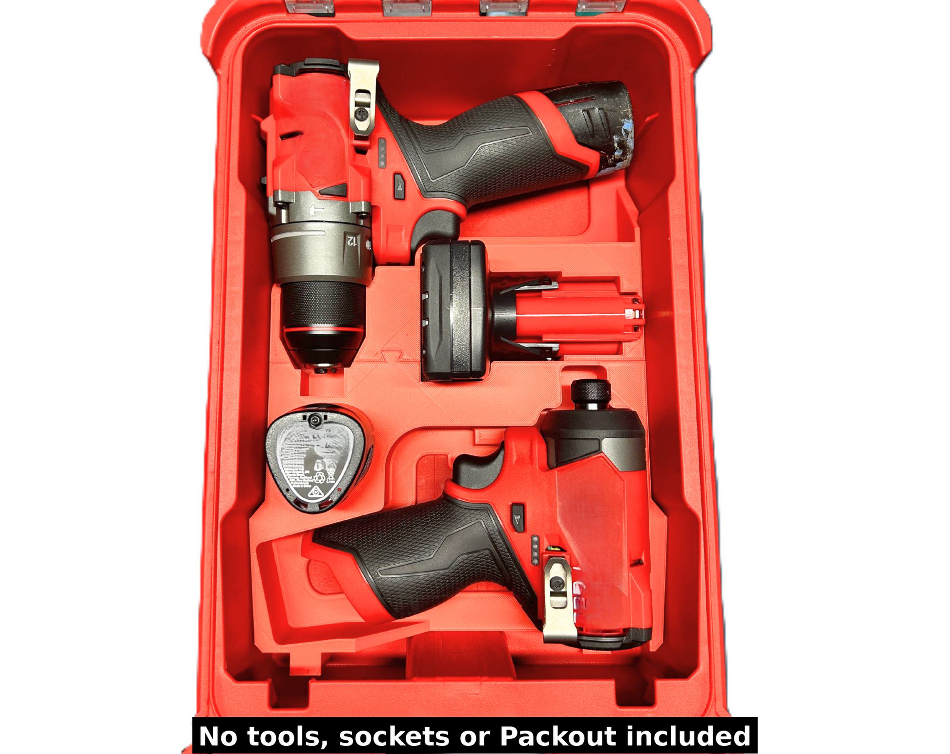 Packout Insert to Suit M12 Drill & Impact Driver + Batteries – Compatible with Packout 48-22-8435, showcasing M12 Drill, Impact Driver, and batteries arranged in a durable red storage case, with a hidden Airtag compartment. No tools, sockets, or Packout included.