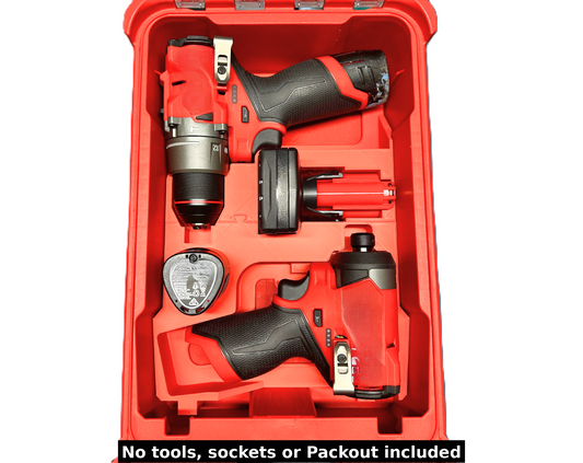 Packout Insert to Suit M12 Drill & Impact Driver + Batteries – Compatible with Packout 48-22-8435, showcasing M12 Drill, Impact Driver, and batteries arranged in a durable red storage case, with a hidden Airtag compartment. No tools, sockets, or Packout included.