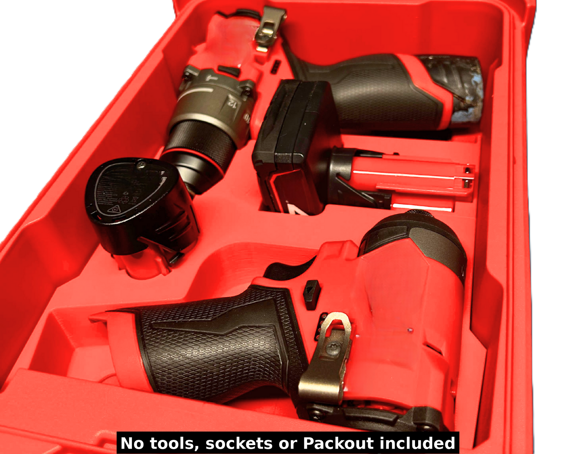 Packout Insert to Suit M12 Drill & Impact Driver with batteries displayed inside, highlighting secure storage feature for tools and accessories.