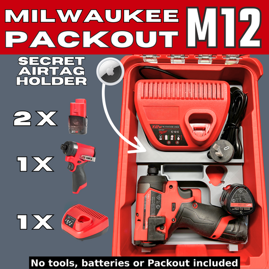 Packout Insert to Suit M12 Impact Driver, Charger & Batteries – Compatible with Milwaukee Packout Toolbox 48-22-8435, showcasing the organized slots for M12 tools and the hidden Airtag holder.