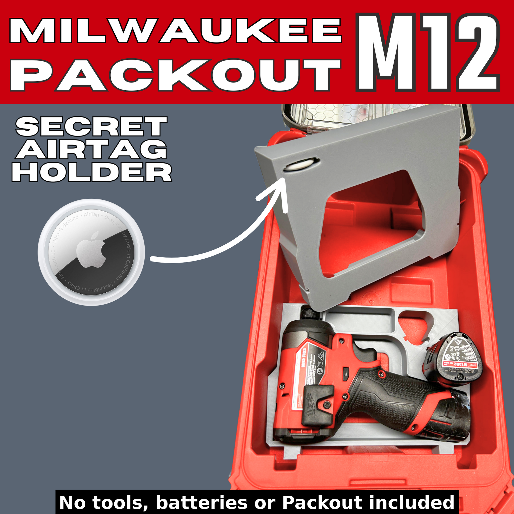 Packout Insert to Suit M12 Impact Driver, Charger & Batteries – Compatible with Milwaukee Packout Toolbox 48-22-8435. Image showing the organizer tray featuring a secret Airtag holder.