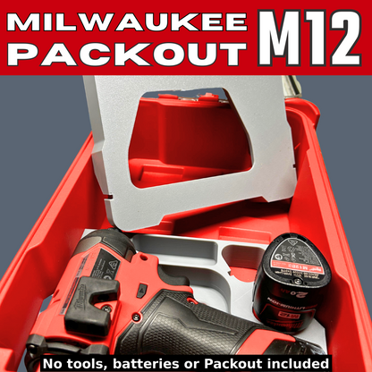 Packout Insert to Suit M12 Impact Driver, Charger & Batteries – Compatible with Milwaukee Packout Toolbox 48-22-8435. Close-up of the organizer tray fitted inside the Packout system with tools.