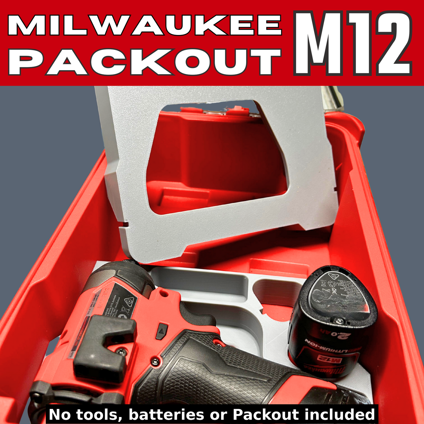 Packout Insert to Suit M12 Impact Driver, Charger & Batteries – Compatible with Milwaukee Packout Toolbox 48-22-8435. Another view of the tray showcasing the fitted M12 Impact Driver.