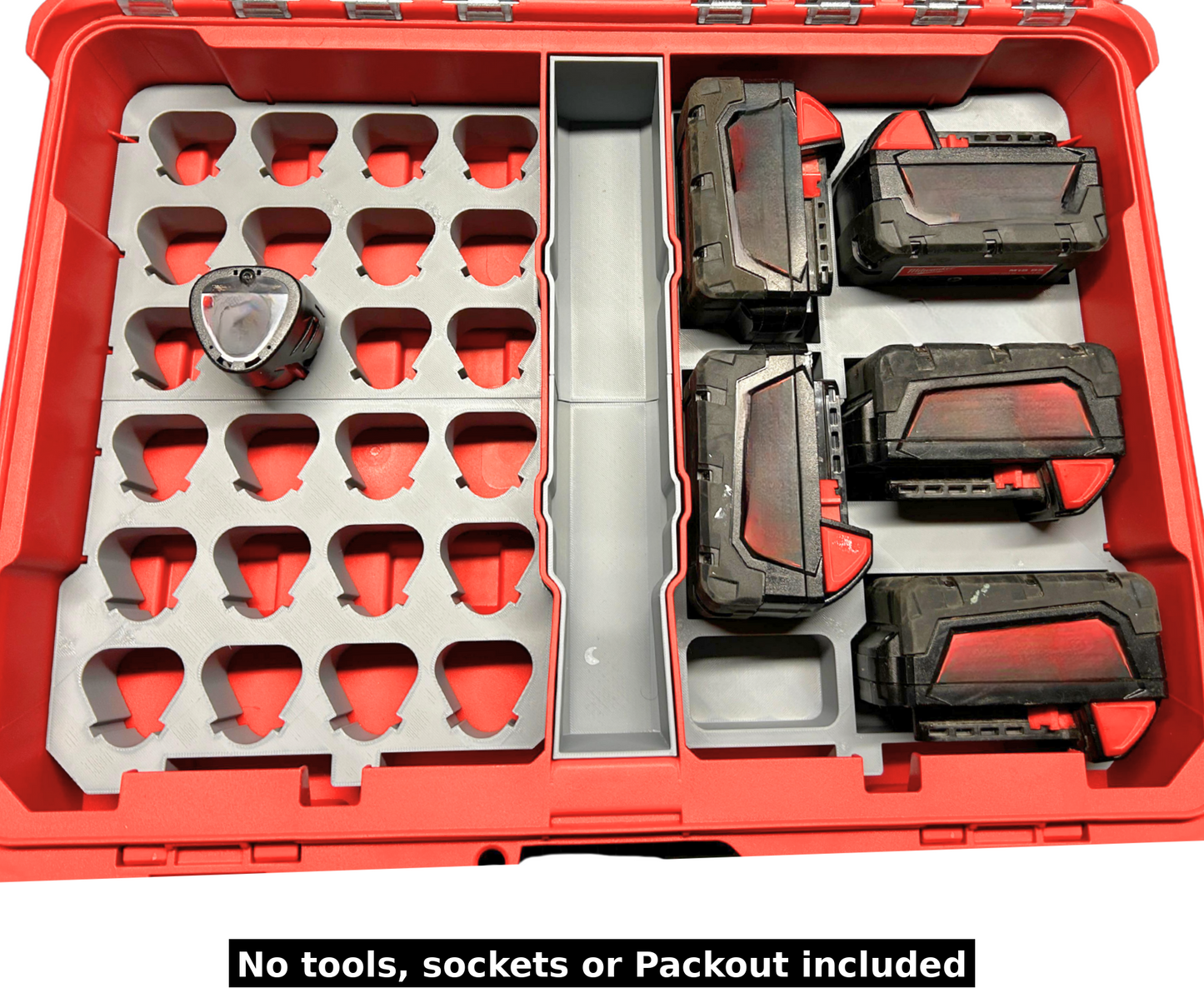 Packout Insert to Suit 25x Milwaukee M18 & M12 Batteries – Compatible with Packout 48228430 Organiser showing organized battery slots with a compact design for easy storage.