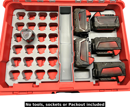 Packout Insert to Suit 25x Milwaukee M18 & M12 Batteries – Compatible with Packout 48228430 Organiser showing organized battery slots with a compact design for easy storage.