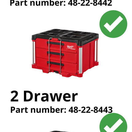 Compatibility chart for Packout Insert to Suit M12 Fuel Drill Gen 3, showing compatible toolboxes including 3-Drawer (part number: 48-22-8442) and 2-Drawer (part number: 48-22-8443), designed to enhance organization within the Packout Toolbox System.