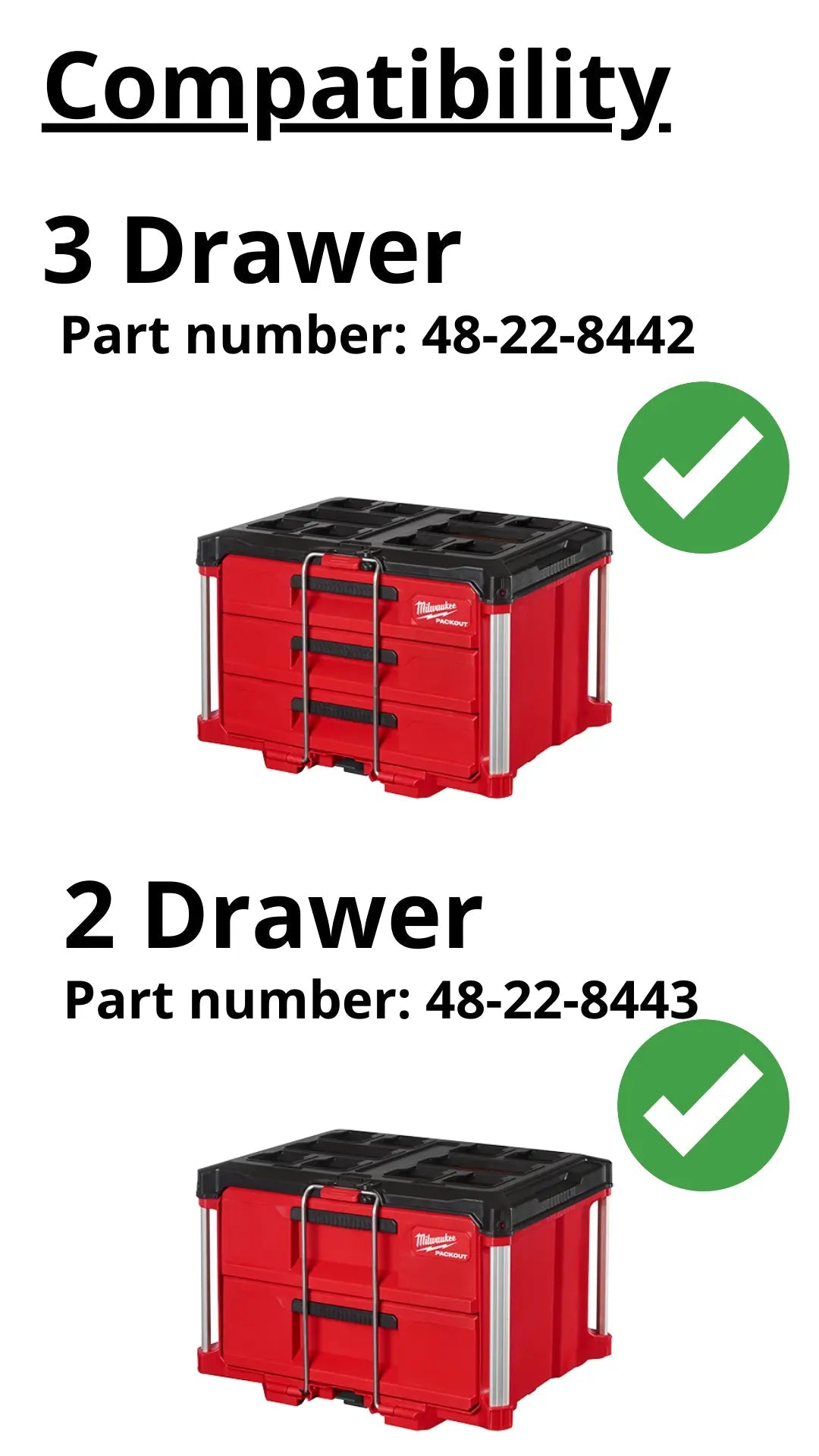 Milwaukee M12 Fuel Drill Gen 3 Packout Insert compatibility details showcasing compatible toolbox configurations with part numbers 48-22-8442 for 3 drawer and 48-22-8443 for 2 drawer.