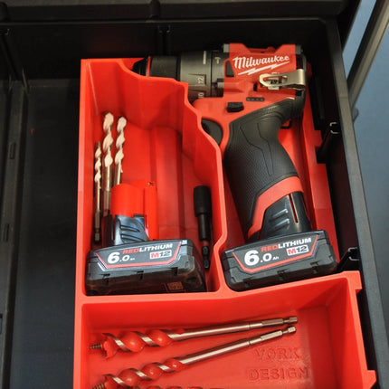 Packout Insert to Suit M12 Fuel Drill Gen 3 – Protective organizer featuring custom compartments for drill, batteries, and bits within the Milwaukee Packout Toolbox System.