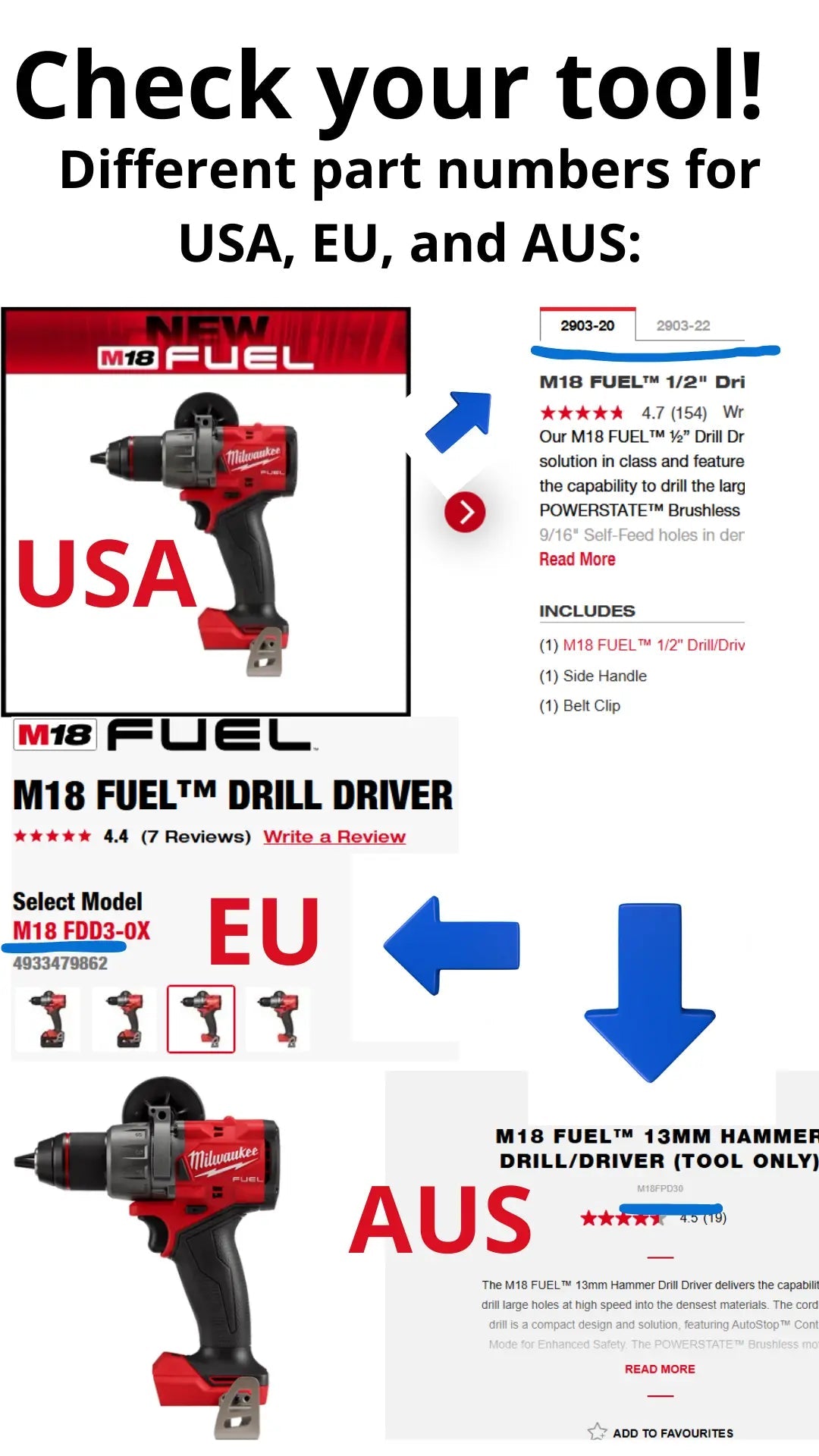 Milwaukee M12 Fuel Drill Gen 3 Packout Insert showcasing tool specifications and compatibility across different regions, highlighting M18 FUEL 1/2 Drill Driver for USA, EU, and AUS markets.