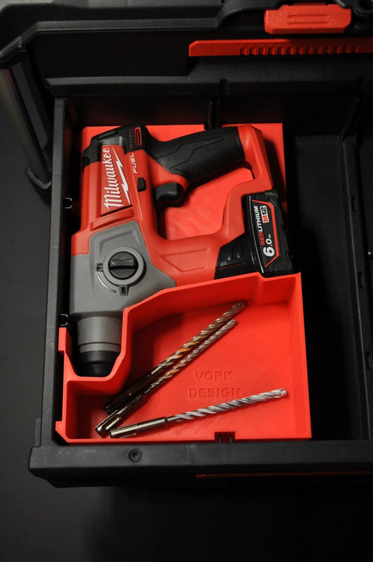 Packout Insert for M12 Fuel Rotary Hammer, showcasing the Milwaukee rotary hammer fitted in durable PETG insert, designed for efficient organization and secure storage within the Milwaukee Packout system.