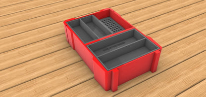 Insert compatible with Milwaukee Packout Model 48228435 – 3D rendering of a storage solution with red compartments for organized tool management.
