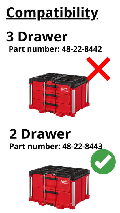 Compatibility guide for Milwaukee M18 Fuel Sawzall Insert showing three drawer and two drawer Packout systems. Title: Milwaukee M18 Fuel Sawzall Insert Compatible with Packout - USA 2821-20.