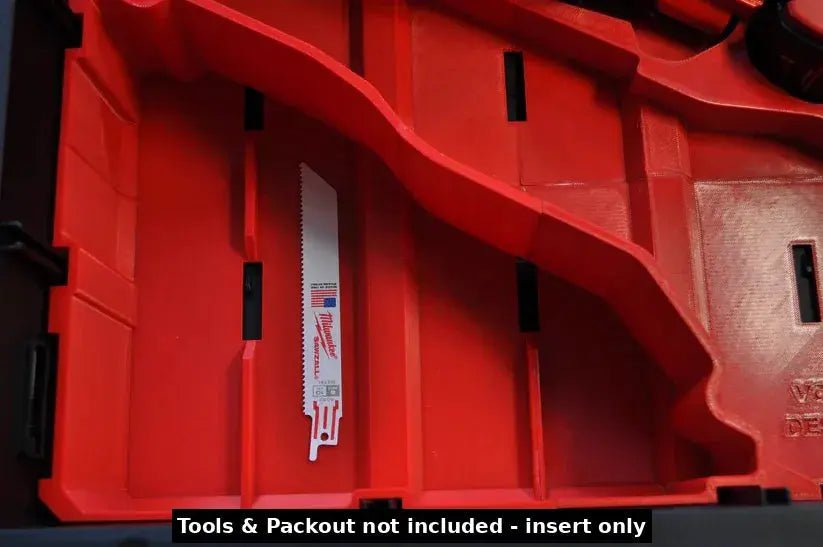 Close-up view of Milwaukee M18 Fuel Sawzall Insert showcasing the tool slot and featuring a Milwaukee saw blade. Title: Milwaukee M18 Fuel Sawzall Insert Compatible with Packout - USA 2821-20.