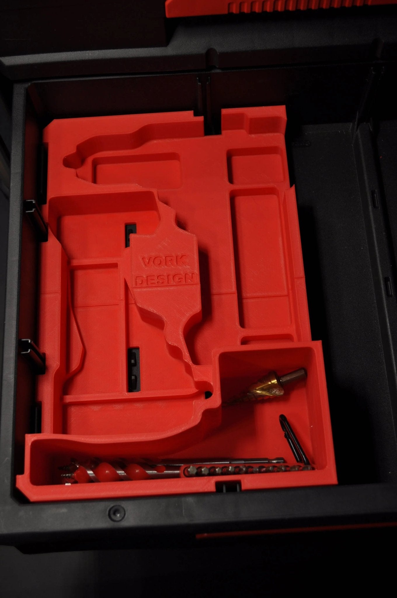 Packout Insert to Suit Milwaukee M18 Fuel Drill 2904-20 – Insert Only shown in red fitted in a tool organizer, highlighting custom slots for efficient tool storage.