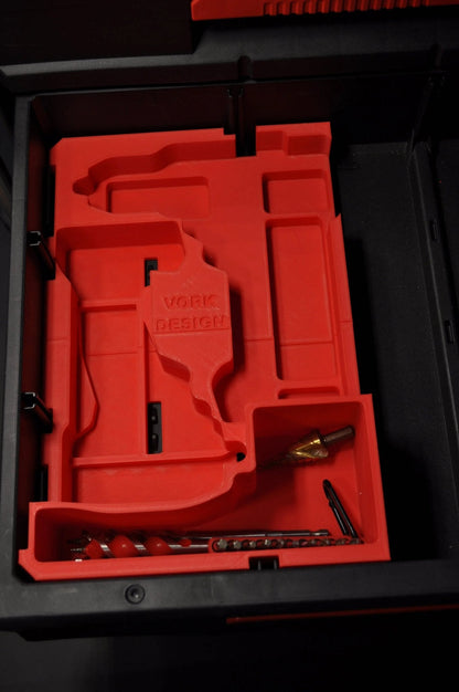 Packout Insert to Suit Milwaukee M18 Fuel Drill 2904-20 – Insert Only shown in red fitted in a tool organizer, highlighting custom slots for efficient tool storage.