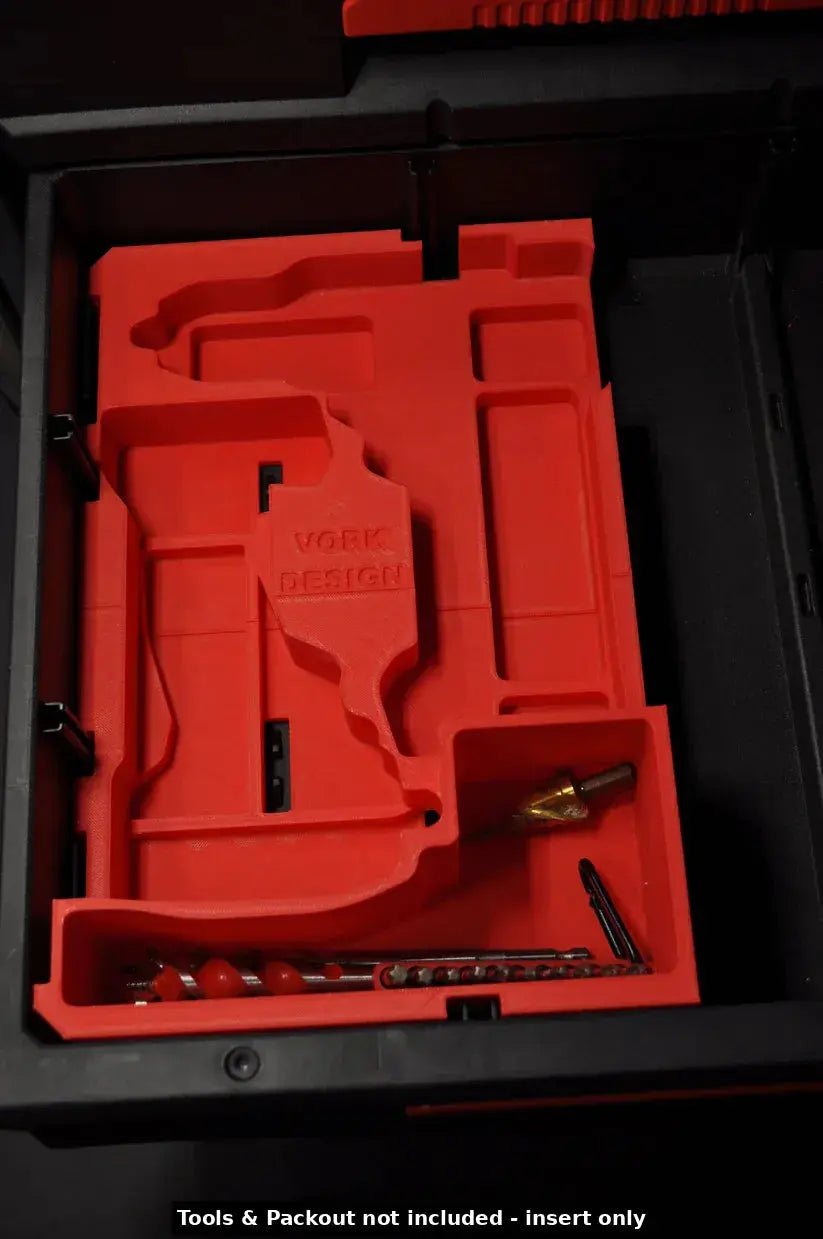 Packout Insert to Suit Milwaukee M18 Fuel Drill 2904-20 – Insert Only displaying a custom-fit red insert designed for tool organization within a storage box.