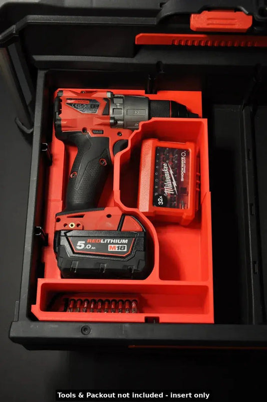 Milwaukee Packout Insert for M18 Fuel Hammer Drill Gen 4 showcasing a securely stored M18 drill and battery within a Packout box, highlighting organization and tool protection.