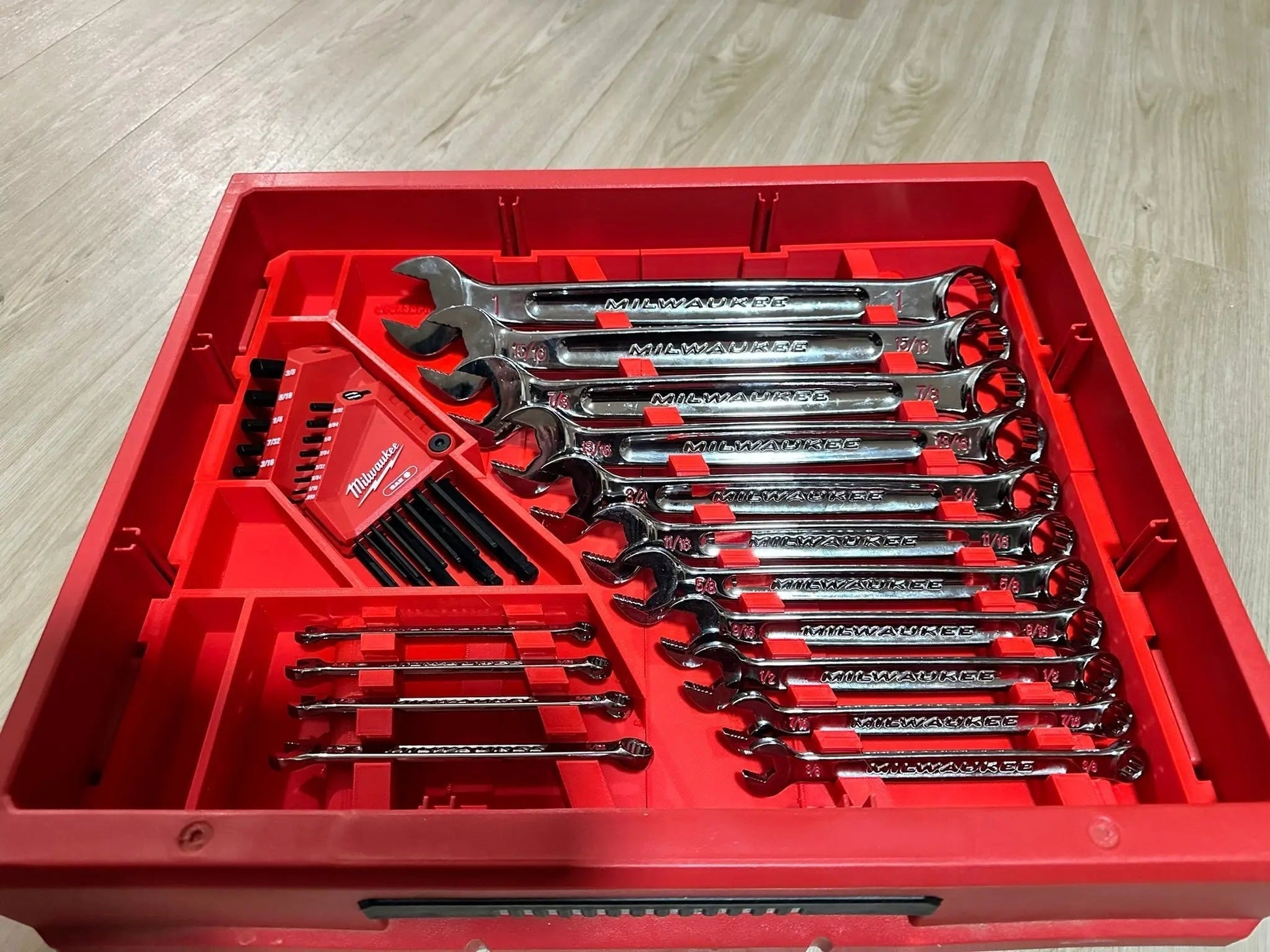 Milwaukee Packout Wrench Organizer Tray Insert for SAE & Metric Tools showing a neatly organized tray with various wrenches and tool slots, designed for efficient tool storage.