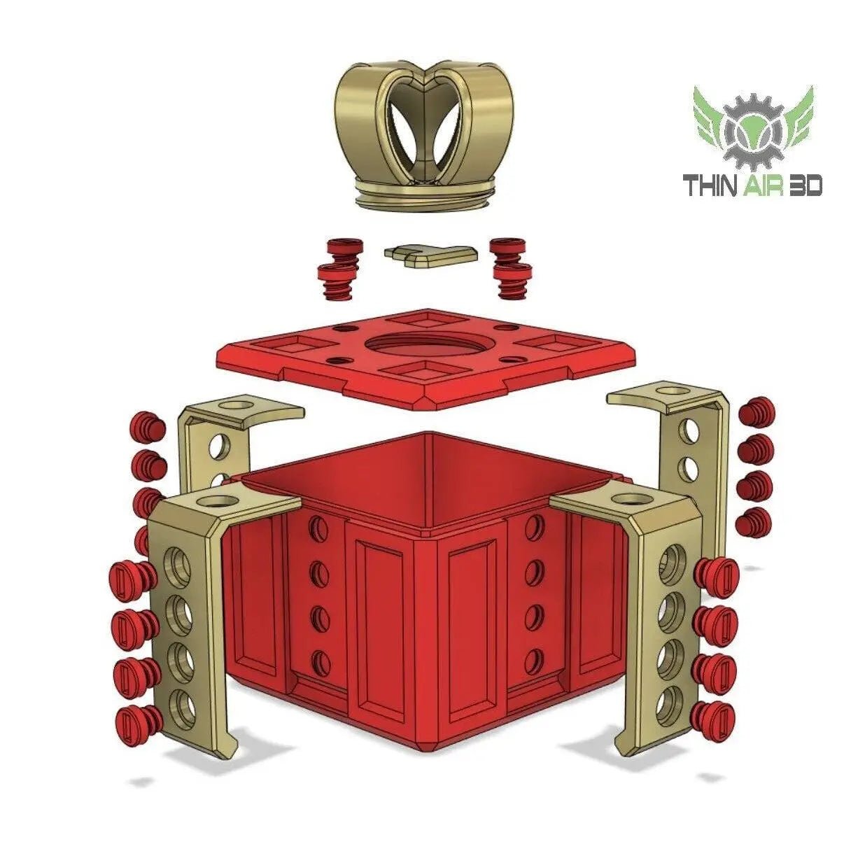 Exploded view of The Ultimate Challenge Gift Box, illustrating the components including red box and gold screws, highlighting the intricacy of the design.